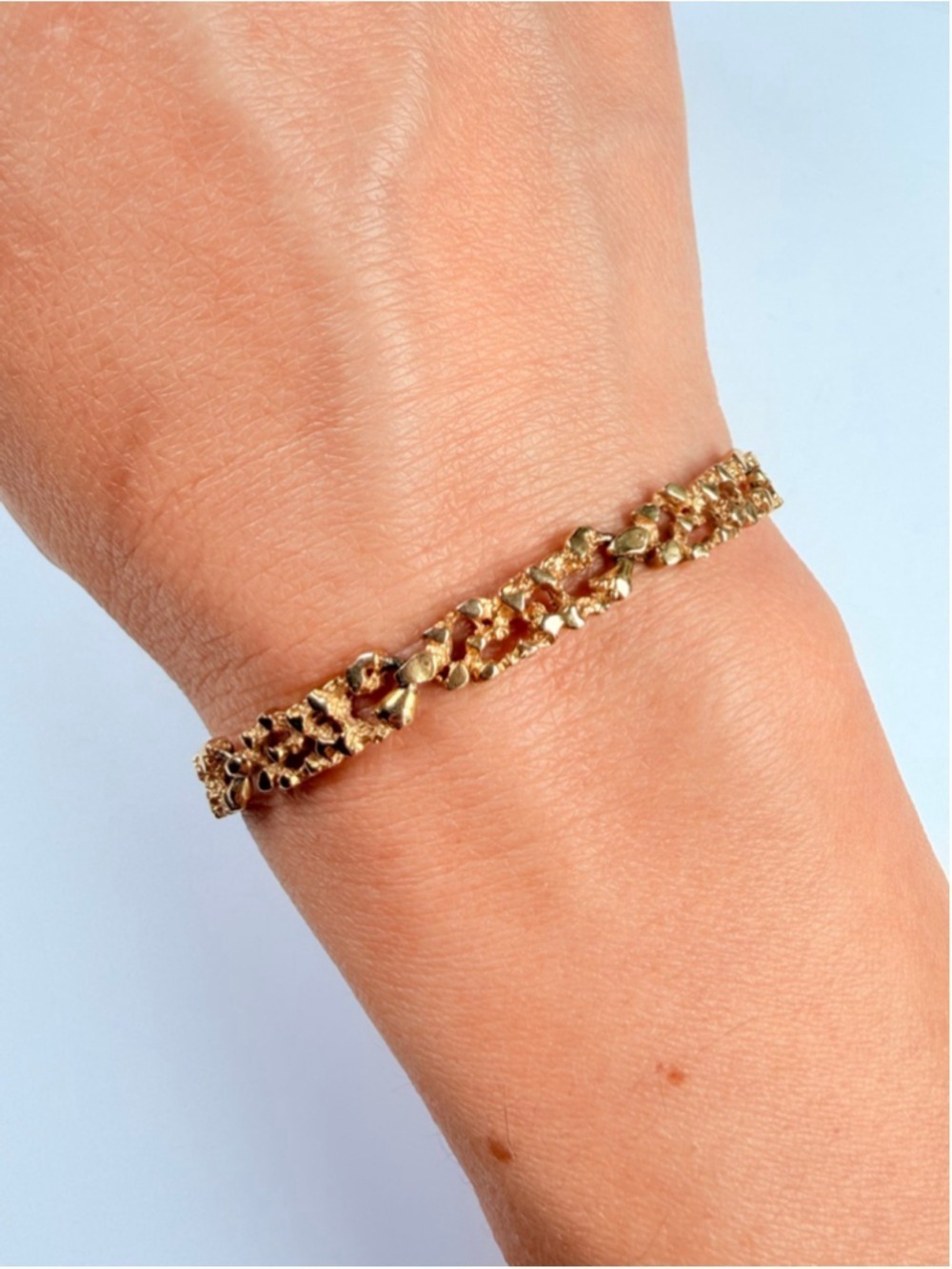 14K Solid Yellow Gold Open Link Panel Textured Nugget 5.5MM Vintage Bracelet - Picture 3 of 11